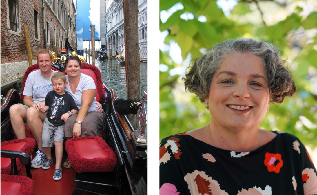 To the left, Lucy-Anne and her family sitting in a gondola on a canal. To the right, Lucy-Anne smiling in a portrait against leafy green trees.