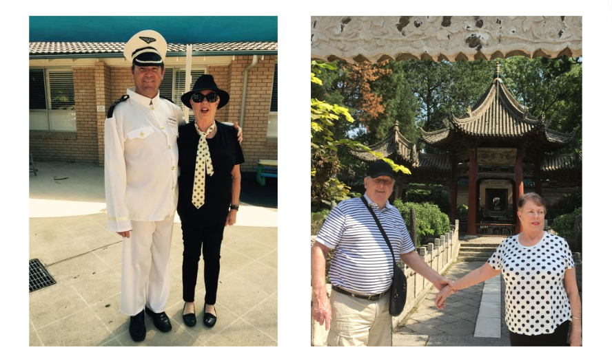 To the left, Carmen, wearing a black outfit with a tie, standing next to her husband wearing a sailors outfit. To the right, Carmen and her husband holding hands while travelling.  