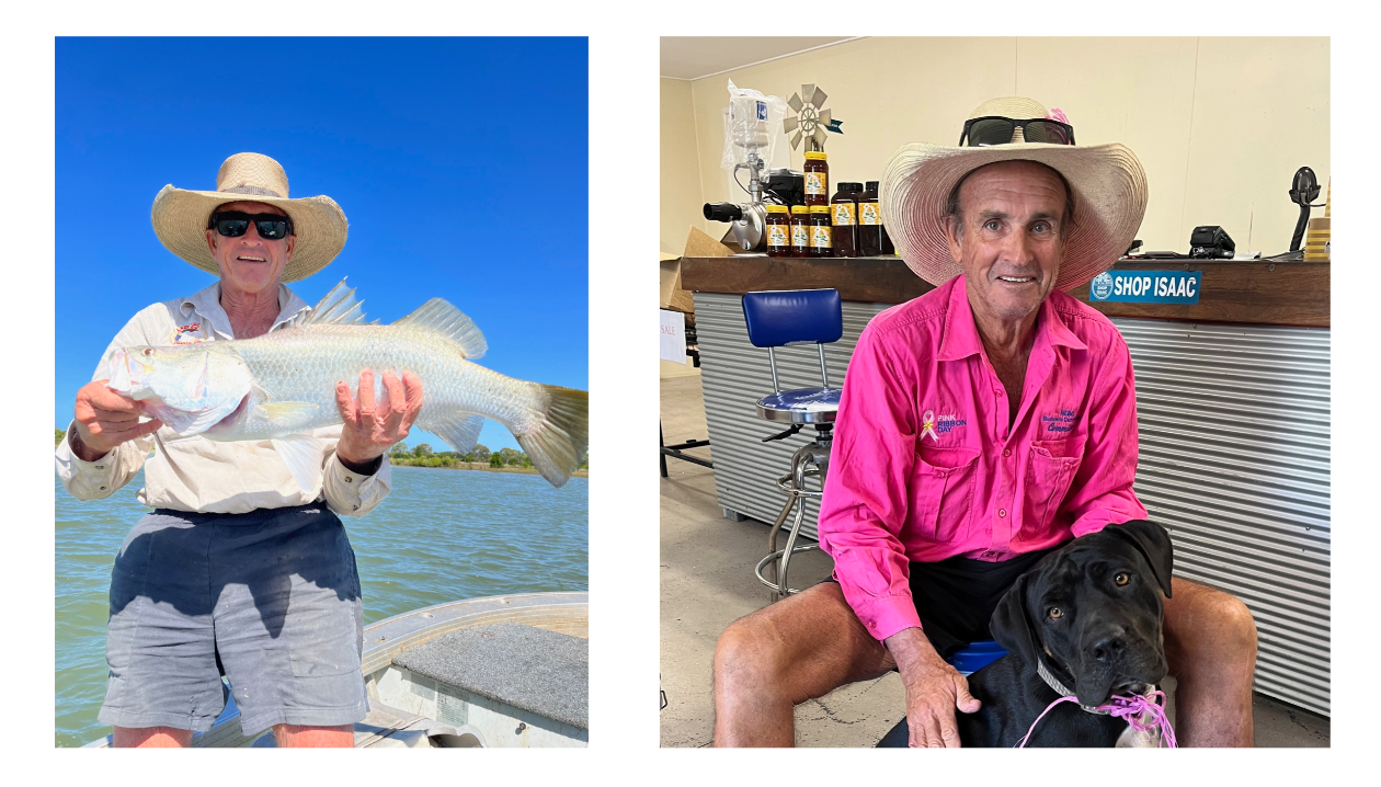 On the left, Greg is standing on a fishing boat holding a freshly caught Barramundi. To the right, Greg sits in a shed wearing a bright pink shirt and wide-brimmed hat, smiling beside his black dog.