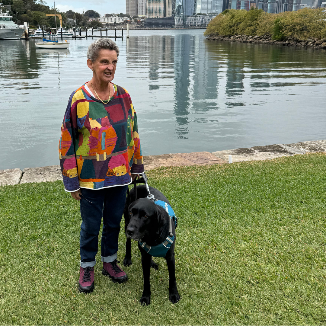 Leanne at the park with her guide dog 'Ester'