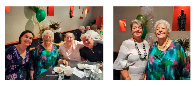 To the left, Marjorie, a lady with short white hair wearing a blue dress, sitting next to her friends. To the right, Marjorie, standing next to a woman in a grey dress. 