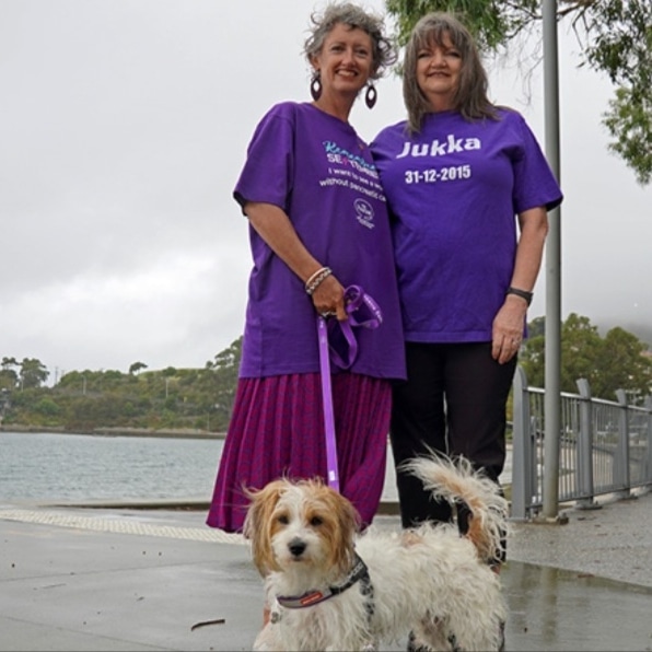 Judi with a friend and her dog at a Pankind fundraising walk