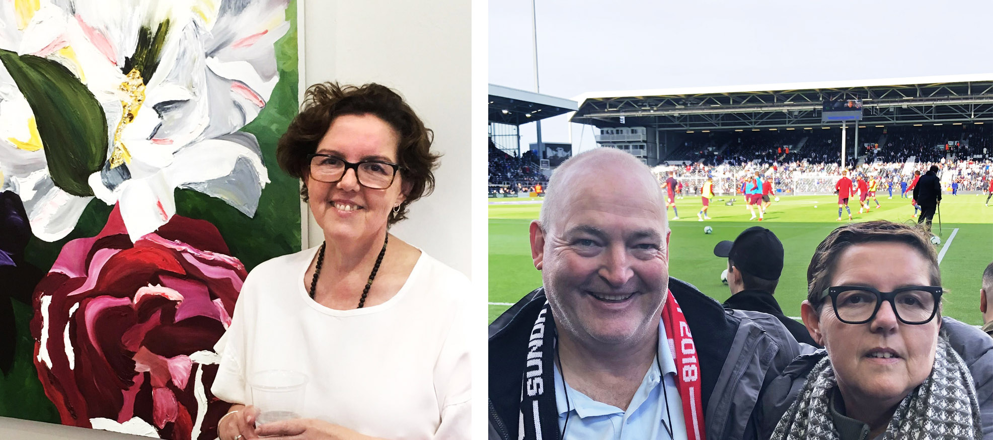 To the left, Pam stands smiling next to a floral painting. To the right, Pam enjoys a day out at the football with her husband, both smiling in the crowd.